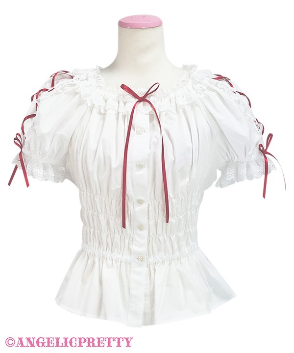 Lace Up Off Shoulder Blouse - White x Red