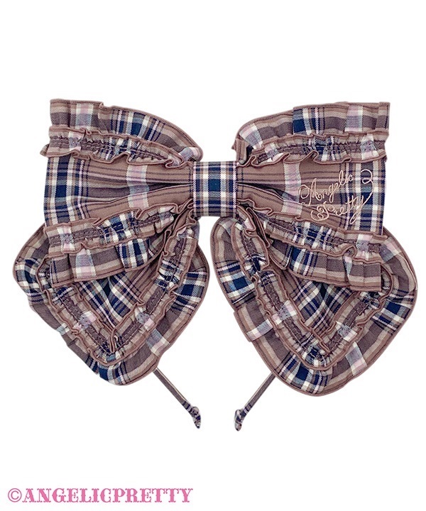Logo Embroidery Frill Ribbon Headbow (Tartan) - Brown