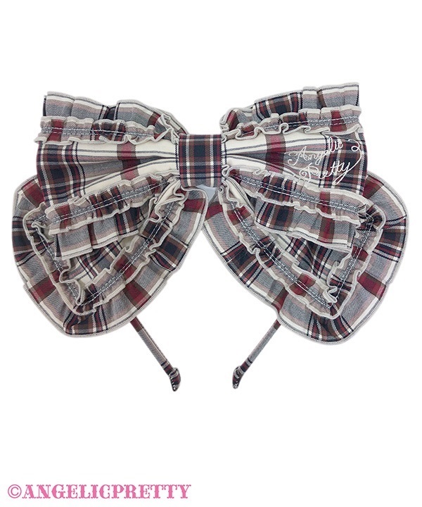 Logo Embroidery Frill Ribbon Headbow (Tartan) - Ivory