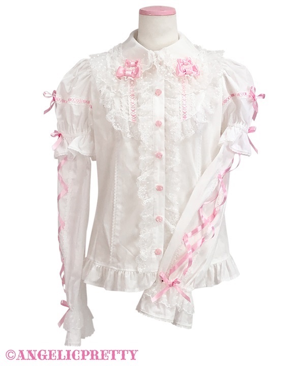 Omekashi Ladder Lace Removable Sleeve Blouse - White x Pink - Click Image to Close