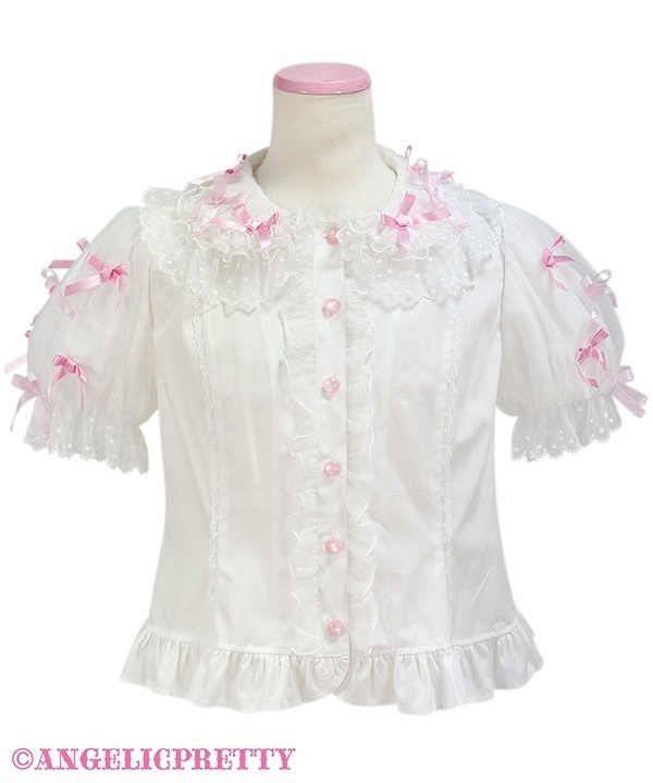 POP Tulle Ribbon Blouse - White x Pink