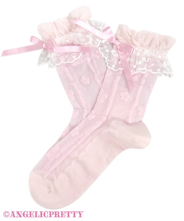 Sheer Flower Crew Socks - Pink - Click Image to Close