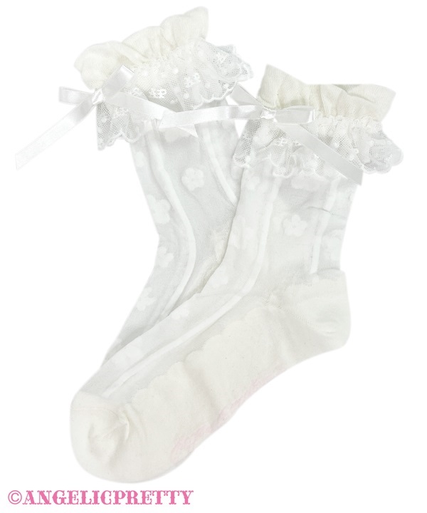 Sheer Flower Crew Socks - White - Click Image to Close