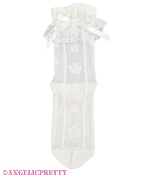 Sheer Flower Crew Socks - White - Click Image to Close