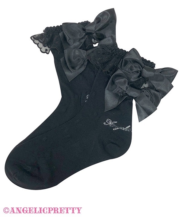 Sheer Twin Ribbon Crew Socks - Black