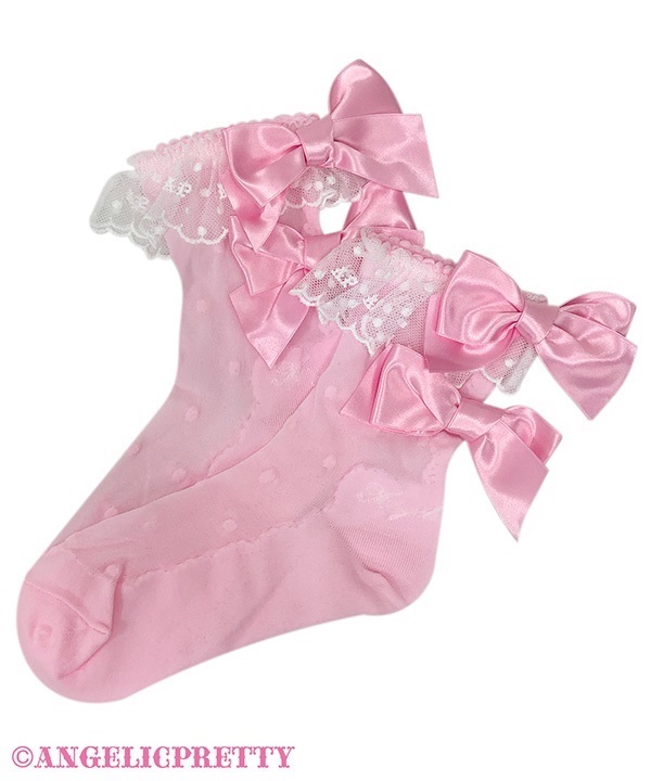 Sheer Twin Ribbon Crew Socks - Pink