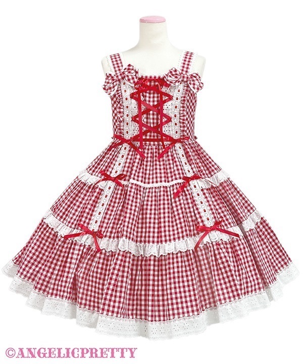 Shoulder Ribbon Jumperskirt (Gingham) - Red