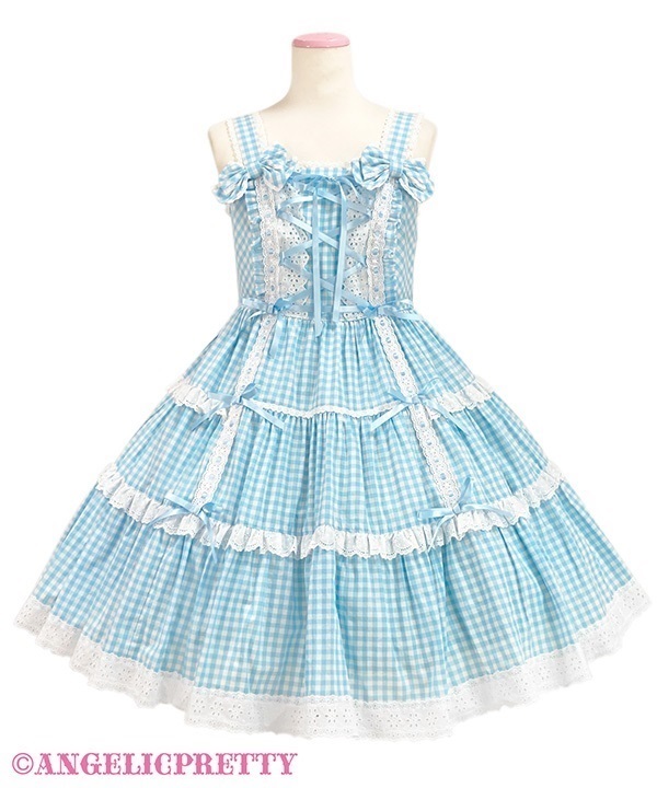 Shoulder Ribbon Jumperskirt (Gingham) - Sax