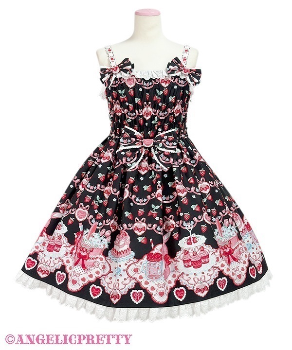 Strawberry Cake Party Shirring Jumperskirt - Black