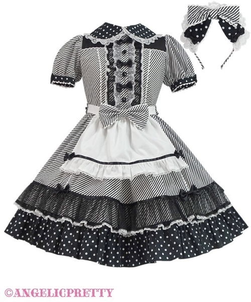 Stripe Girly Cafe One Piece Set - Black