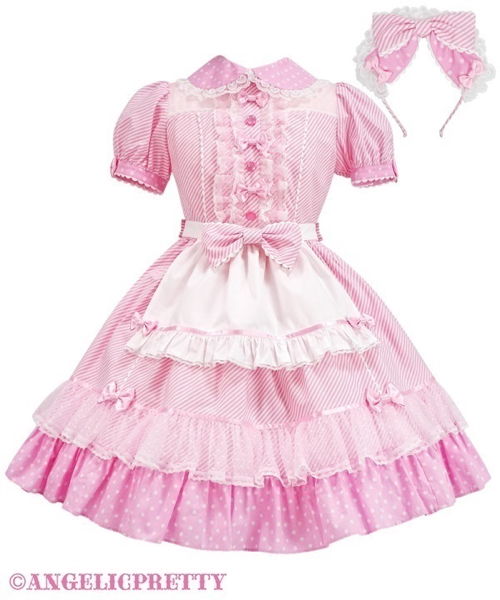 Stripe Girly Cafe One Piece Set - Pink