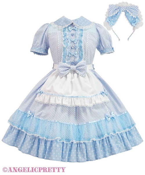 Stripe Girly Cafe One Piece Set - Sax