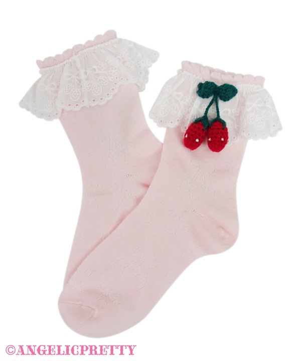 Sweet Strawberry Knitted Crew Socks - Pink