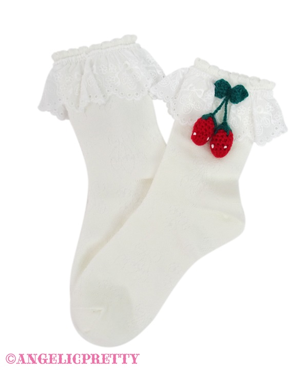 Sweet Strawberry Knitted Crew Socks - White