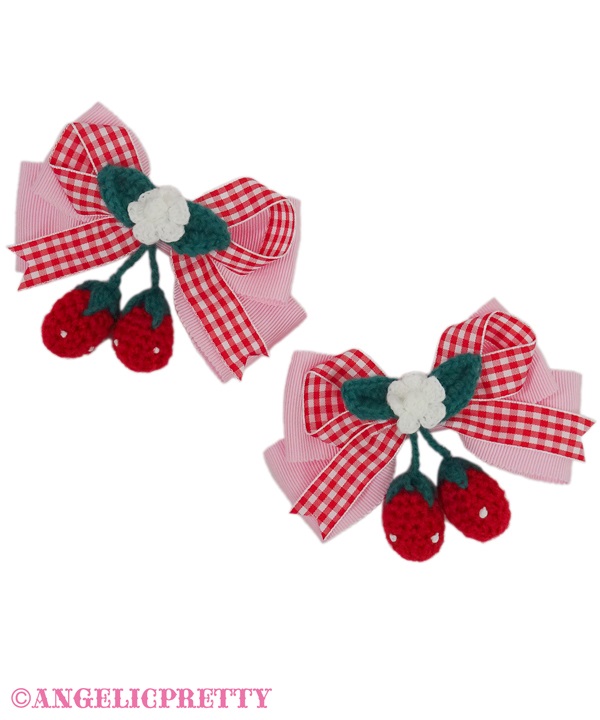 Sweet Strawberry Knitted Ribbon Clip Set - Pink