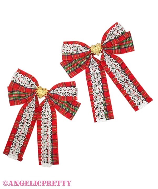 Tartan Check Feather Ribbon Clip Set - Red