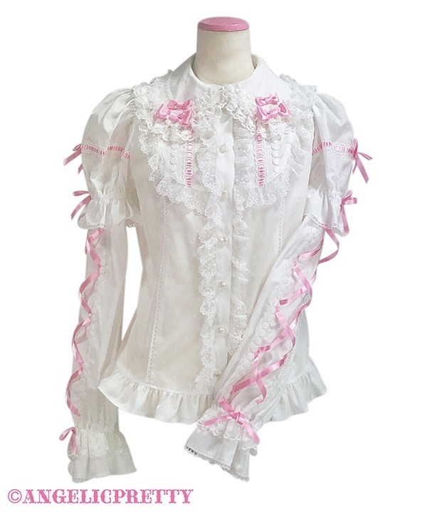 Tiara Lace Ribbon Detachable Sleeve Blouse - White x Pink