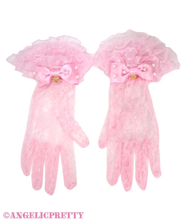 Tulle Frill Lace Gloves - Pink - Click Image to Close