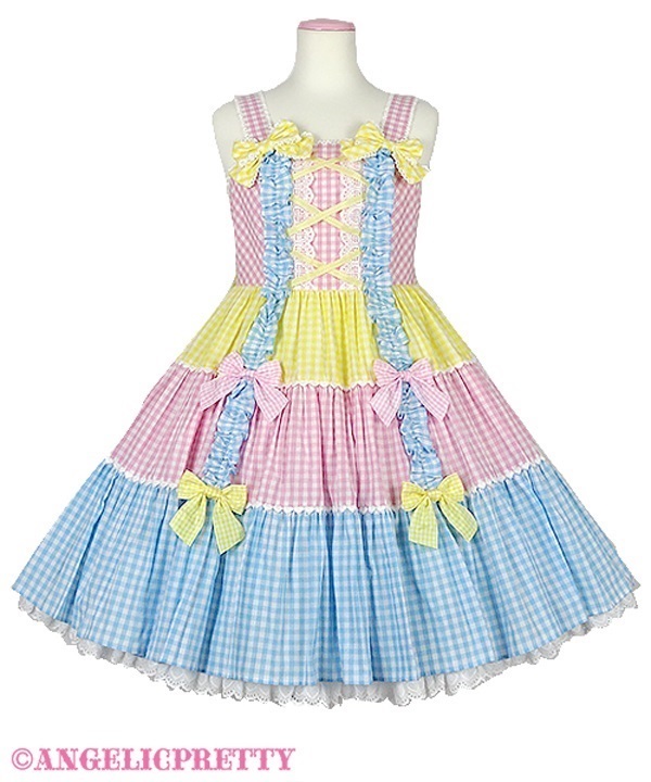 Gingham Color Scheme Ribbon Jumperskirt - Pink x Yellow x Sax