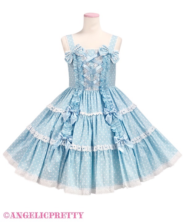 Shoulder Ribbon Jumperskirt (Dot) - Sax